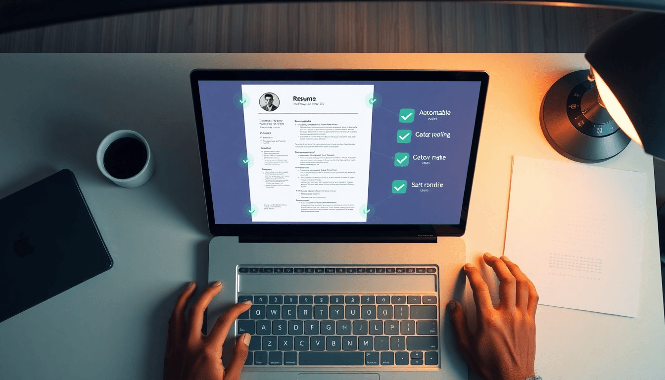 Laptop mit Lebenslauf auf dem Bildschirm, digitaler ATS-Check mit grünen Häkchen