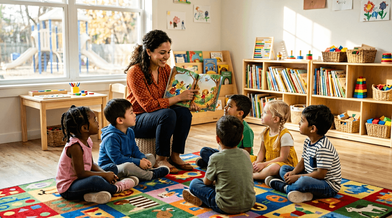 Erzieherin liest mehreren Kindern in einer hellen Kita aus einem Bilderbuch vor