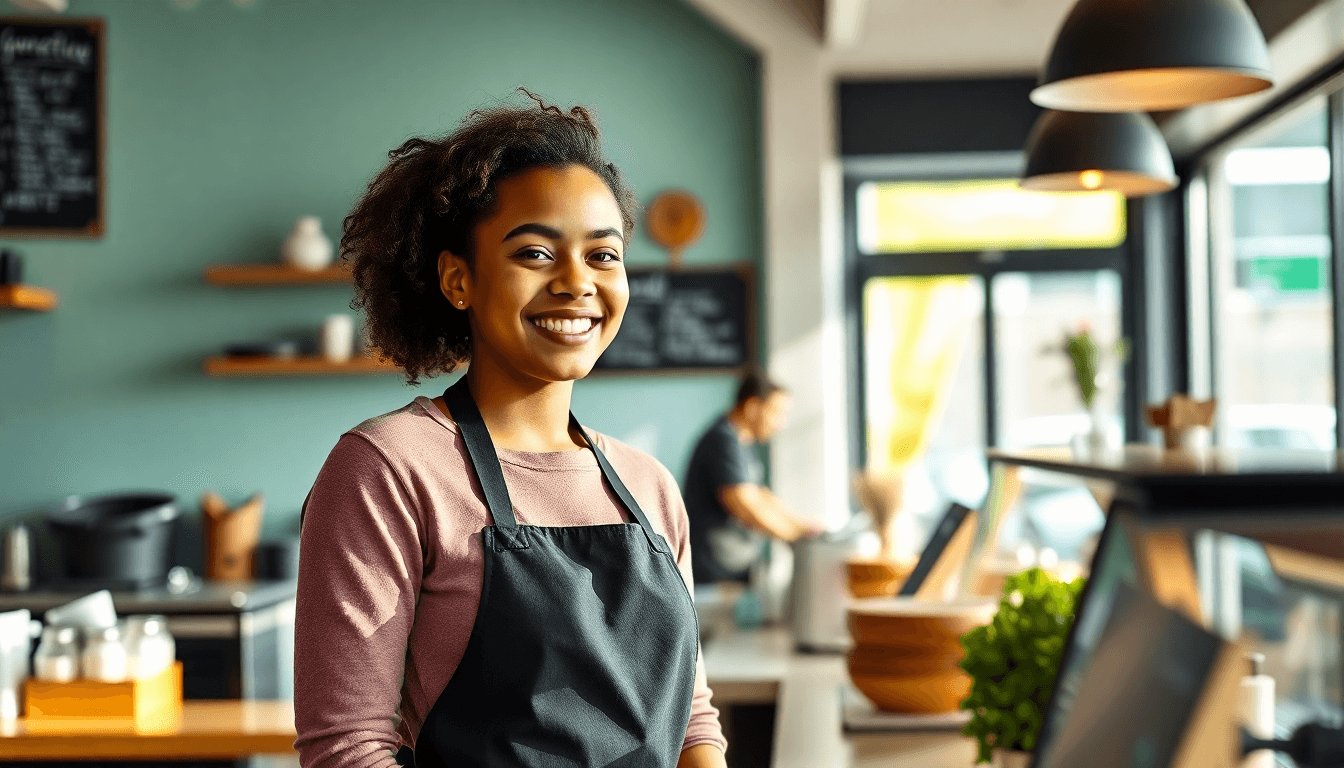 Person arbeitet lächelnd als Aushilfe an einer modernen Café-Theke