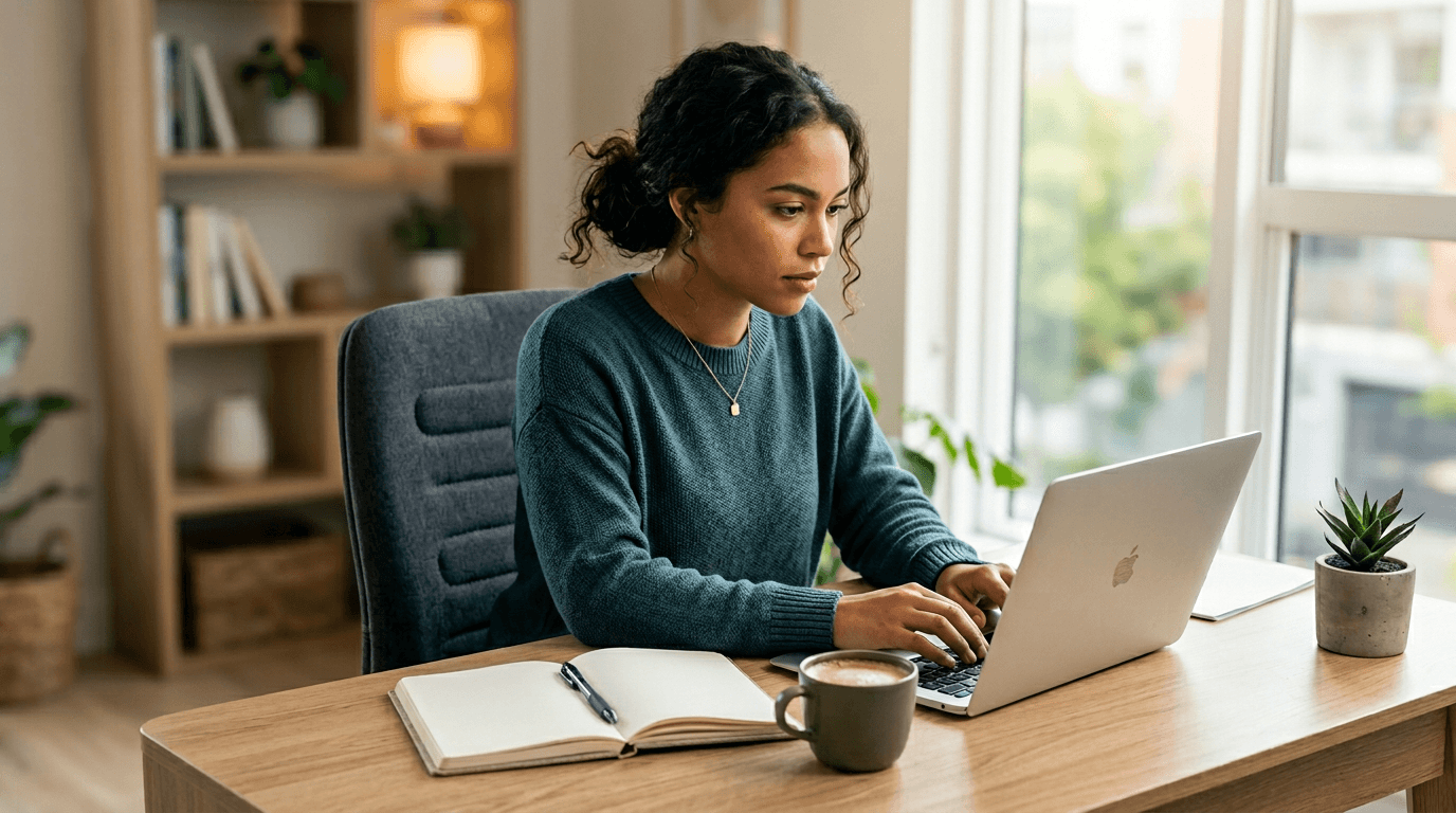 Junge Frau sitzt konzentriert am Laptop und arbeitet an ihrem Lebenslauf, mit Notizen und Unterlagen auf dem Tisch